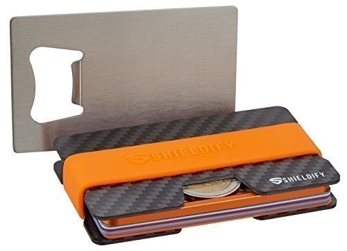 SHIELDIFY ® Carbon Slim Wallet Münzfach CoinCard RFID Blocker - bis 16 Karten mit 4 Bändern - Spa