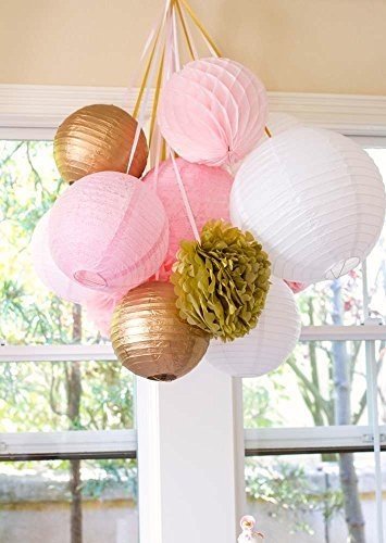 SUNBEAUTY 11er Set Gold Rosa Weiß Tissue Papier Honeycomb Wabenball Lampion Pom Poms Party Feier Ge