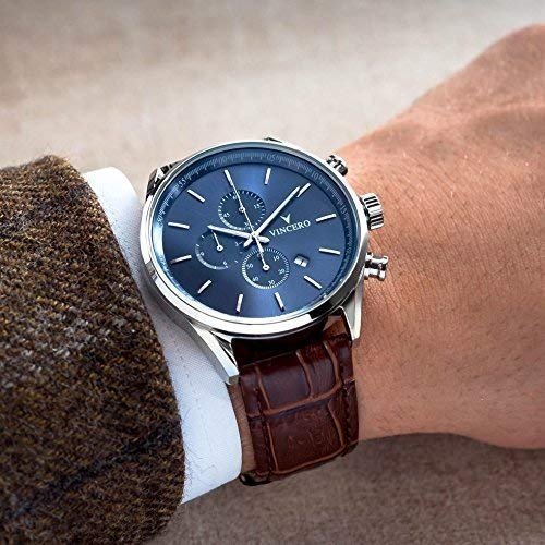 Vincero Luxus Chrono S Herren Armbanduhr - Blaues Zifferblatt mit braunem Lederarmband - 43mm Chrono