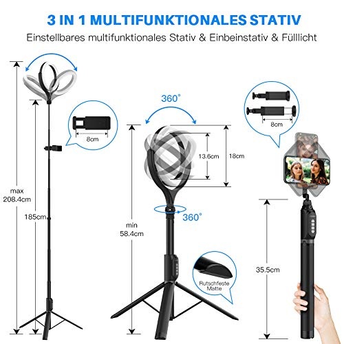 Yoozon Multifunktion 3 in 1 LED Ringlicht & Handy Stativ & Selfie Stick