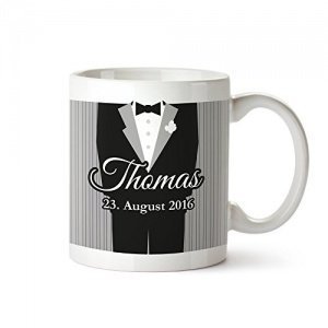 2 er Set Tasse mit Aufdruck zur Hochzeit - Braut und Bräutigam schwarz-weiß - Personalisiert mit N