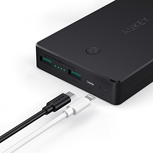 AUKEY Powerbank 20000mAh, Externer Akku mit 2 Ports Ausgänge und 2 Eingänge (Lightning + Micro USB