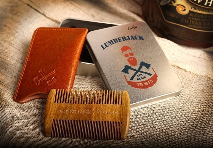 Bartkamm Doppelseitiger, Geschenk für Männer -ein Holzkamm der Bart und Lederbezug,Taschenformat ,