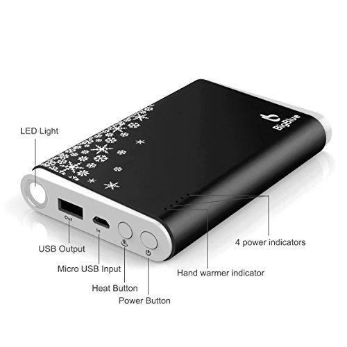 BigBlue 3 in 1 USB aufladbarer Handwärmer 10,000 mAh Powerbank mit LED Taschenlampe in schwarz