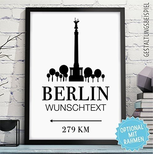 Bild mit Skyline & individueller Entfernung + Wunschtext - Rahmen optional - personalisiertes Wand-B