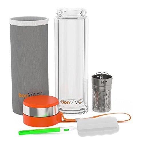 bonvivo® Vitalitea Glas-Trinkflasche Für Smoothies Und Tee, Mit Thermo-Funktion Und Tea-Filter, 0,