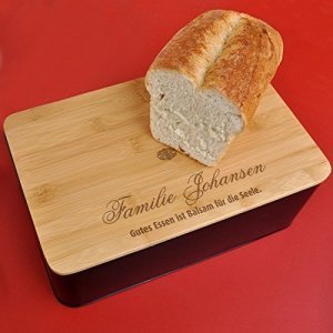 Brotkasten mit Bambusbrett und Gravur des Namens und Wunschtext