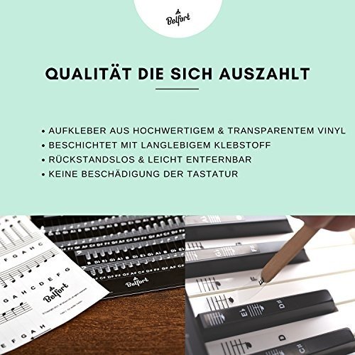 Klavier + Keyboard Noten-Aufkleber für 49 | 61 | 76 | 88 Tasten + Gratis Ebook | Premium Piano Stic