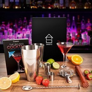 Savisto Premium Cocktail Set mit Boston Cocktail Schüttelbecher, Glas, Rezeptbuch mit 500 Rezepten,