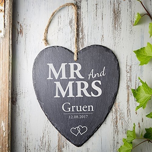 Schieferherz mit Gravur Mr and Mrs – Personalisiert mit Namen und Datum – Motiv Herzen – Schö