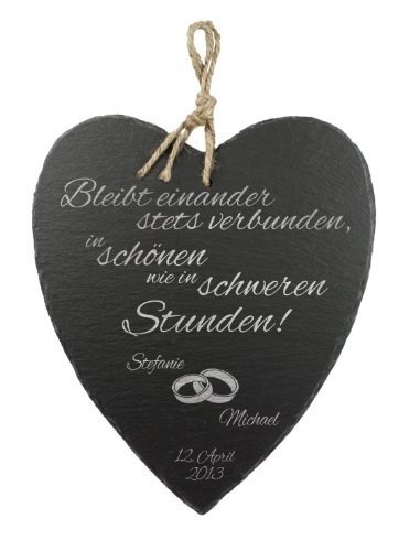 Schieferherz mit Gravur zur Hochzeit - Motiv [Eheringe] - Personalisiert mit [Namen] und [Datum] - r