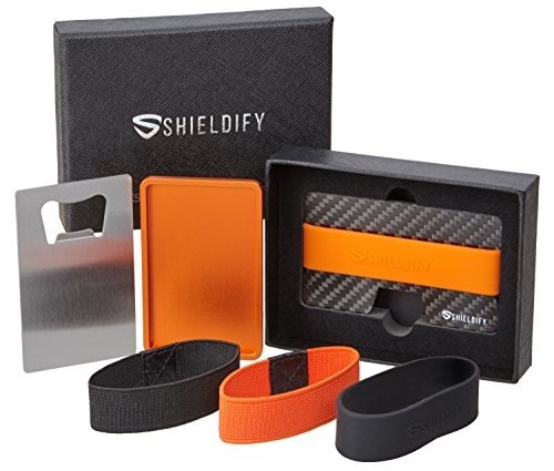 SHIELDIFY ® Carbon Slim Wallet Münzfach CoinCard RFID Blocker - bis 16 Karten mit 4 Bändern - Spa