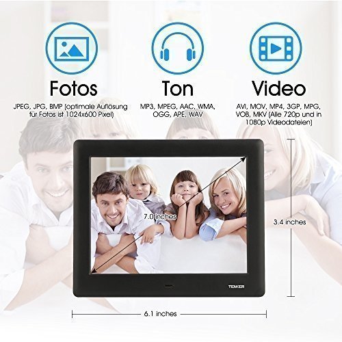TENKER 7-Zoll HD Digitaler Bilderrahmen IPS LCD Display mit Autodrehung/Kalendar/Uhr Funktion, MP3/F