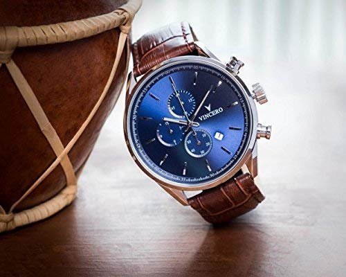 Vincero Luxus Chrono S Herren Armbanduhr - Blaues Zifferblatt mit braunem Lederarmband - 43mm Chrono