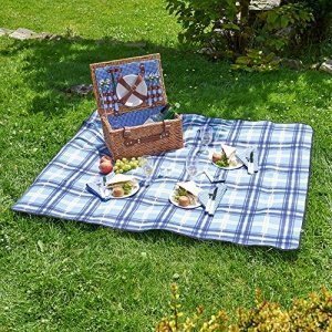 VonShef 4 Personen Weidenkorb Picknickkorb Tragekorb Set mit Besteck, Tellern, und Weingläsern, Fut