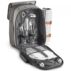 VonShef Deluxe Picknick-Rucksack mit Decke für 2 Personen - hochwertige gewebte graue Oberfläche, 
