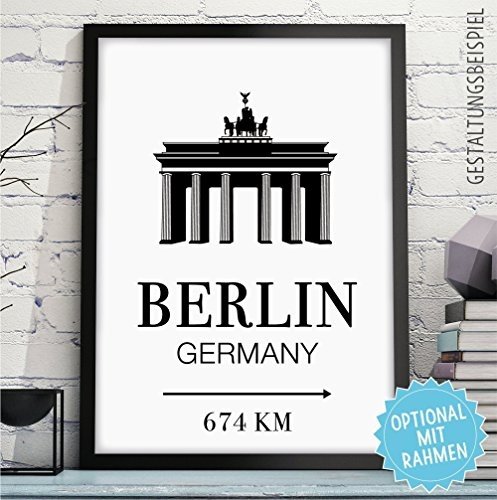 Bild mit Skyline & individueller Entfernung + Wunschtext - Rahmen optional - personalisiertes Wand-B