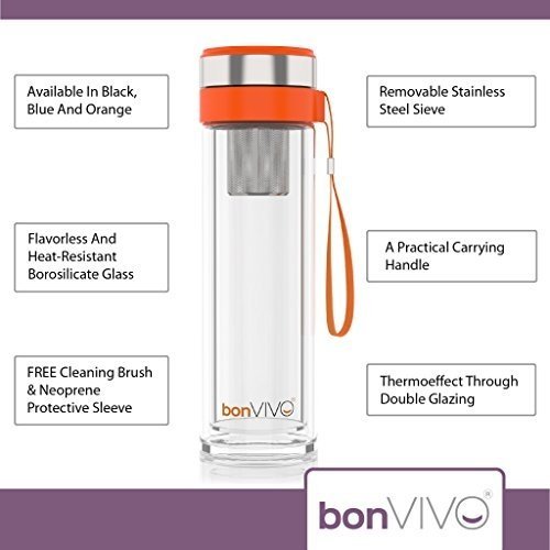 bonvivo® Vitalitea Glas-Trinkflasche Für Smoothies Und Tee, Mit Thermo-Funktion Und Tea-Filter, 0,