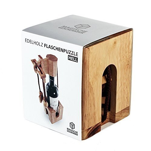 Flaschen-Puzzle aus hellem Edelholz - Geschenk-Verpackung für Weinflaschen - Geduldspiel - Denkspie