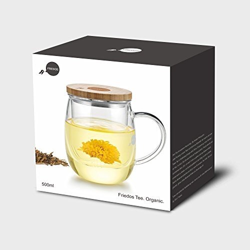 Friedos Tee Glas mit Sieb und Deckel 500 ml für Losen Tee oder Beutel - Tasse aus Borosilikat Glas 