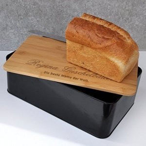 Brotkasten mit Bambusbrett und Gravur des Namens und Wunschtext