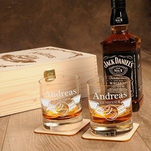 Holzkiste mit Jack Daniels No.7 | 6-tlg. Whisky Geschenk-Set New York Bar inkl. Gravur "Motiv - Fass