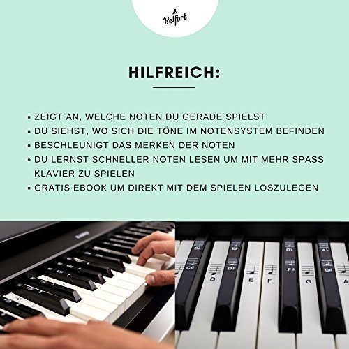 Klavier + Keyboard Noten-Aufkleber für 49 | 61 | 76 | 88 Tasten + Gratis Ebook | Premium Piano Stic