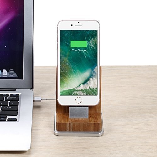 Komost Bambus iPhone Dockingstation, Ladestation stehen mit Aluminium Basis für iPhone 8 Plus / 8, 