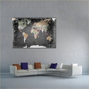 LanaKK - Weltkarte Graphit mit Kork Rückwand - edel Leinwand Bild Kunstdruck auf Keilrahmen - Pinnw