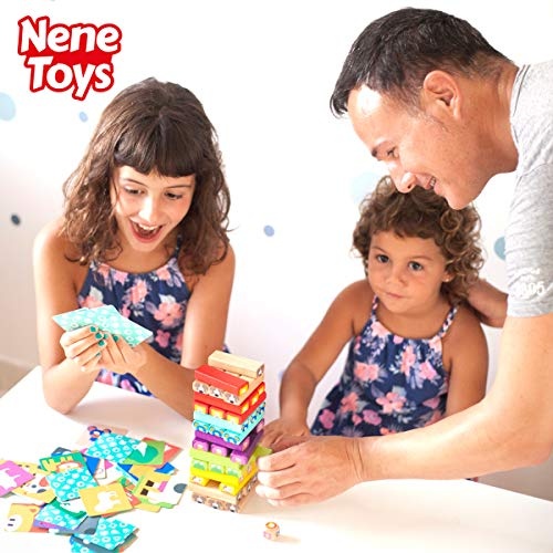 Nene Toys Wackelturm 4 in 1 aus Holz mit Farben und Tieren