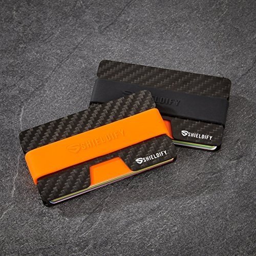 SHIELDIFY ® Carbon Slim Wallet Münzfach CoinCard RFID Blocker - bis 16 Karten mit 4 Bändern - Spa