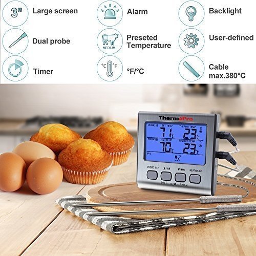 ThermoPro Digitales Grill-Thermometer Bratenthermometer Fleischthermometer mit Timer, zwei Edelstahl
