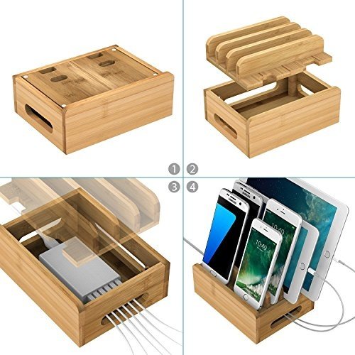 USB Ladestation, MaxTronic Bambus Organizer USB Ladedock Desktop Ständer Multi Geräte Organiser La